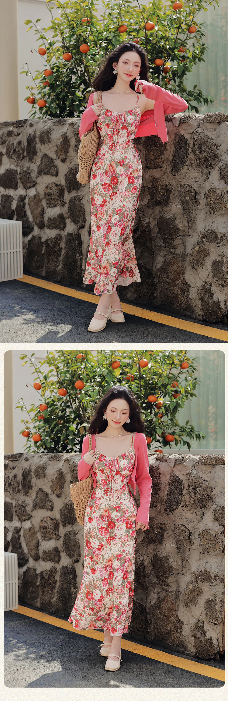 Chic-Boho-Vintage-Floral-Casual-Strap-Maxi-Dress-with-Pink-Cardigan-Set16