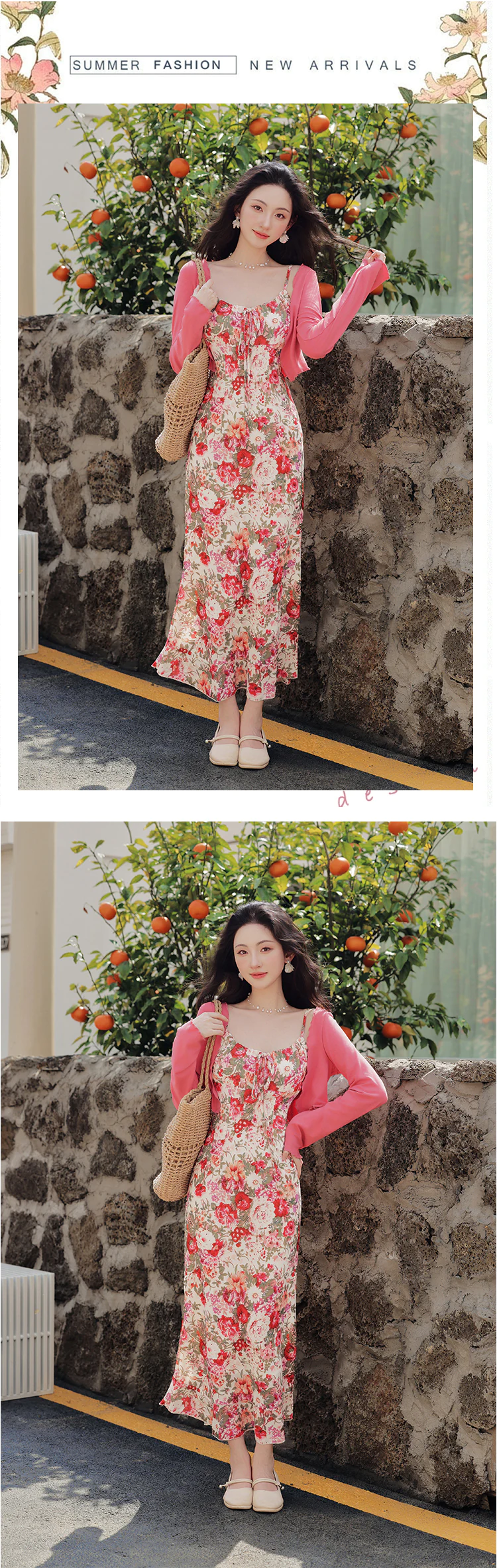 Chic-Boho-Vintage-Floral-Casual-Strap-Maxi-Dress-with-Pink-Cardigan-Set17