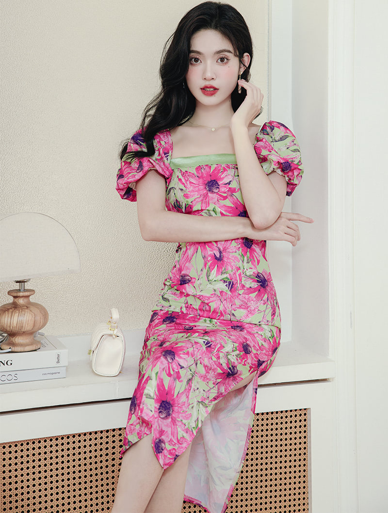 Chic Floral Patchwork Off Shoulder Slip Dress with Detachable Sleeves01