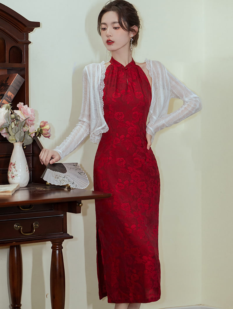 Chinese Classical Floral Print Halter Improved Cheongsam Qipao Dress01