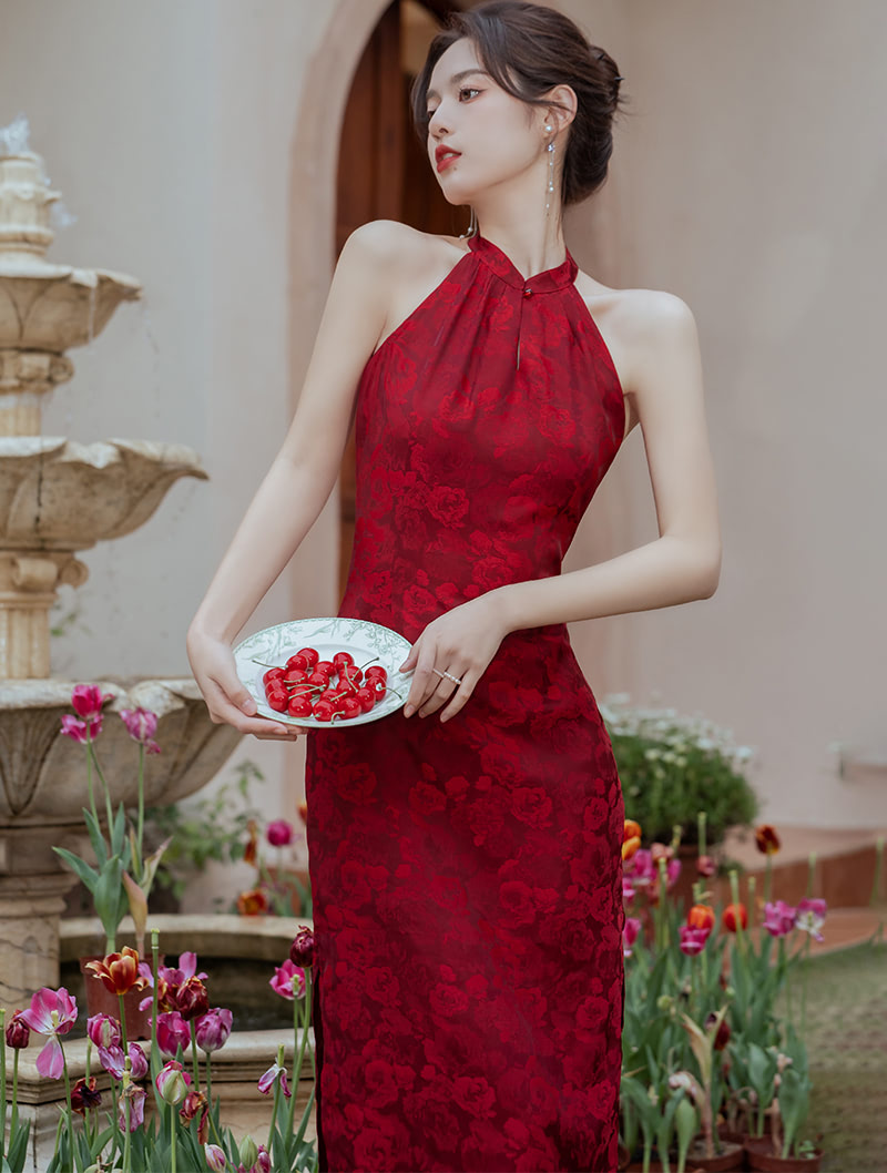 Chinese Classical Floral Print Halter Improved Cheongsam Qipao Dress02