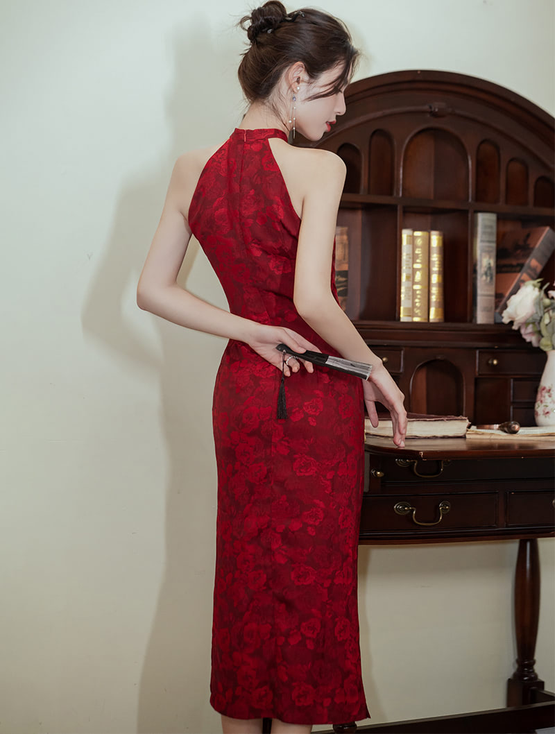 Chinese Classical Floral Print Halter Improved Cheongsam Qipao Dress04