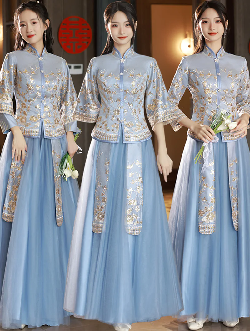 Chinese Traditional Style Blue Bridal Wedding Party Bridesmaid Dress01