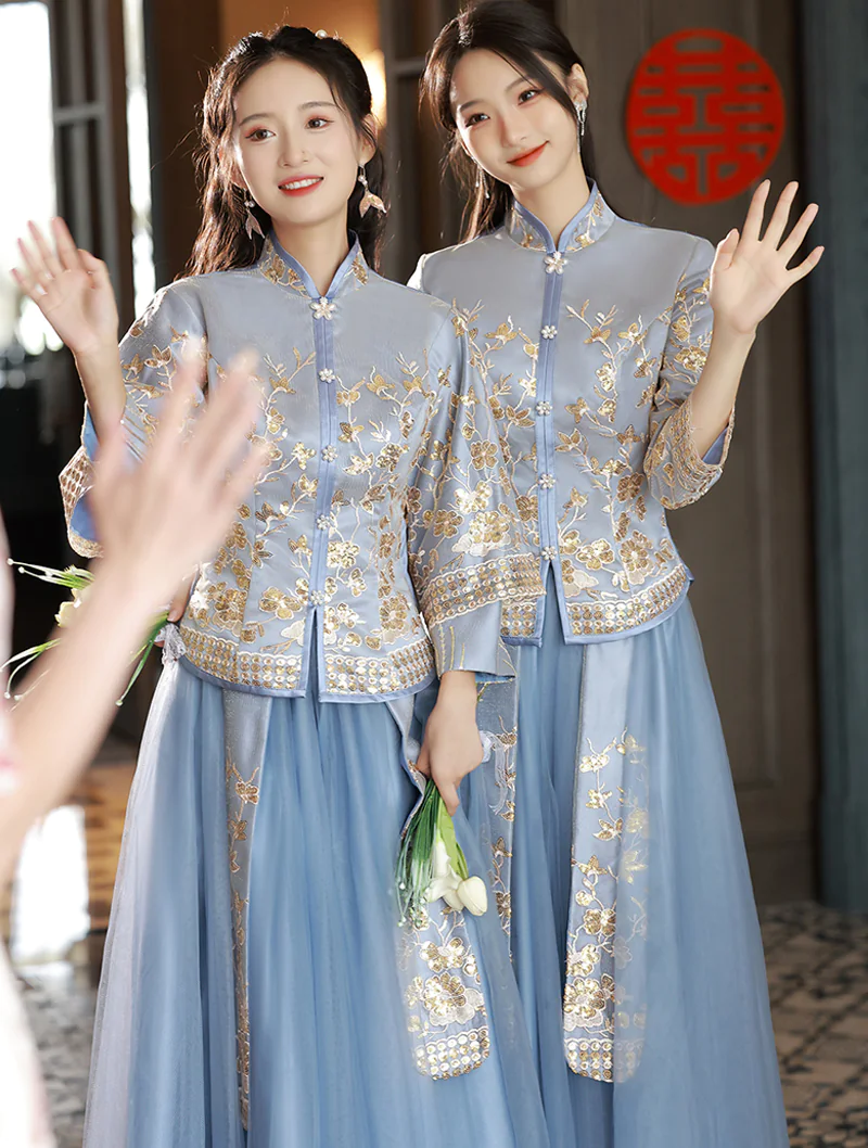 Chinese Traditional Style Blue Bridal Wedding Party Bridesmaid Dress03