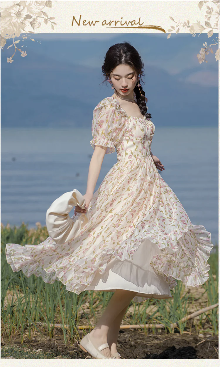 Elegant-Square-Neck-Short-Sleeve-Tulip-Floral-Printed-Casual-Dress07