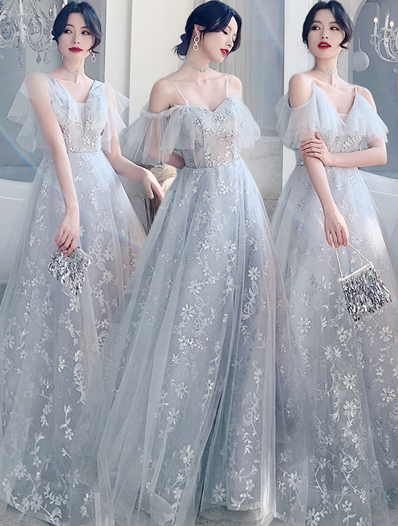 Fairy Grey Embroidery Chiffon Tulle Maxi Bridesmaid Dress Ball Gown01