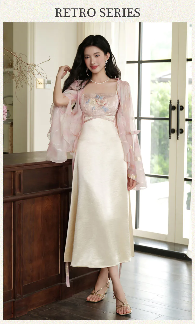 Feminine-Floral-Embroidered-Chiffon-Slip-Dress-with-Bell-Sleeve-Cardigan-Set07