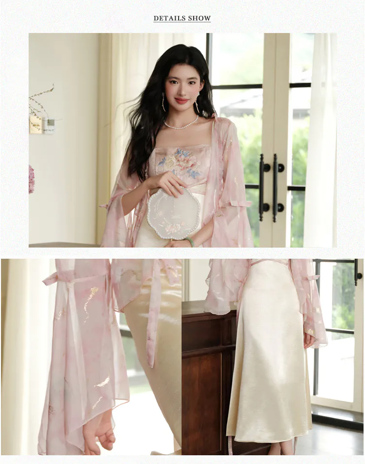 Feminine-Floral-Embroidered-Chiffon-Slip-Dress-with-Bell-Sleeve-Cardigan-Set08