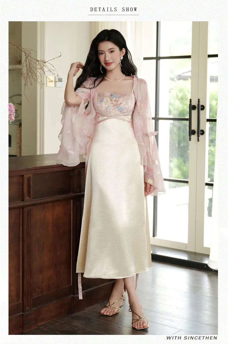 Feminine-Floral-Embroidered-Chiffon-Slip-Dress-with-Bell-Sleeve-Cardigan-Set09
