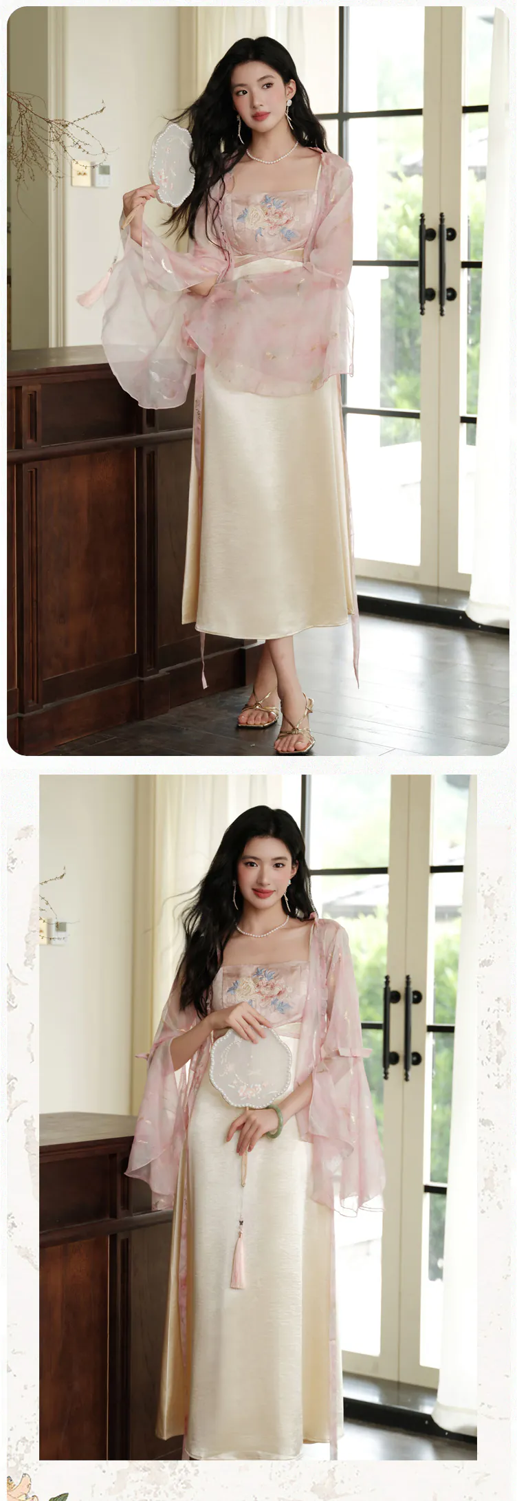 Feminine-Floral-Embroidered-Chiffon-Slip-Dress-with-Bell-Sleeve-Cardigan-Set10