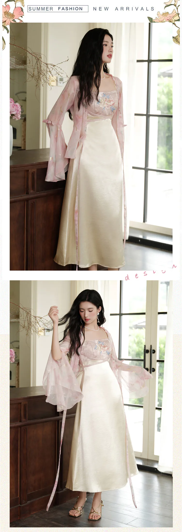 Feminine-Floral-Embroidered-Chiffon-Slip-Dress-with-Bell-Sleeve-Cardigan-Set11
