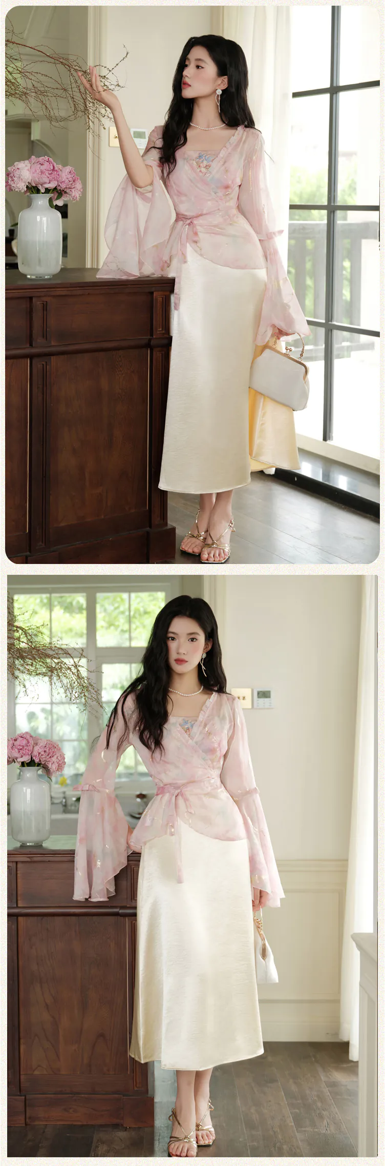 Feminine-Floral-Embroidered-Chiffon-Slip-Dress-with-Bell-Sleeve-Cardigan-Set13