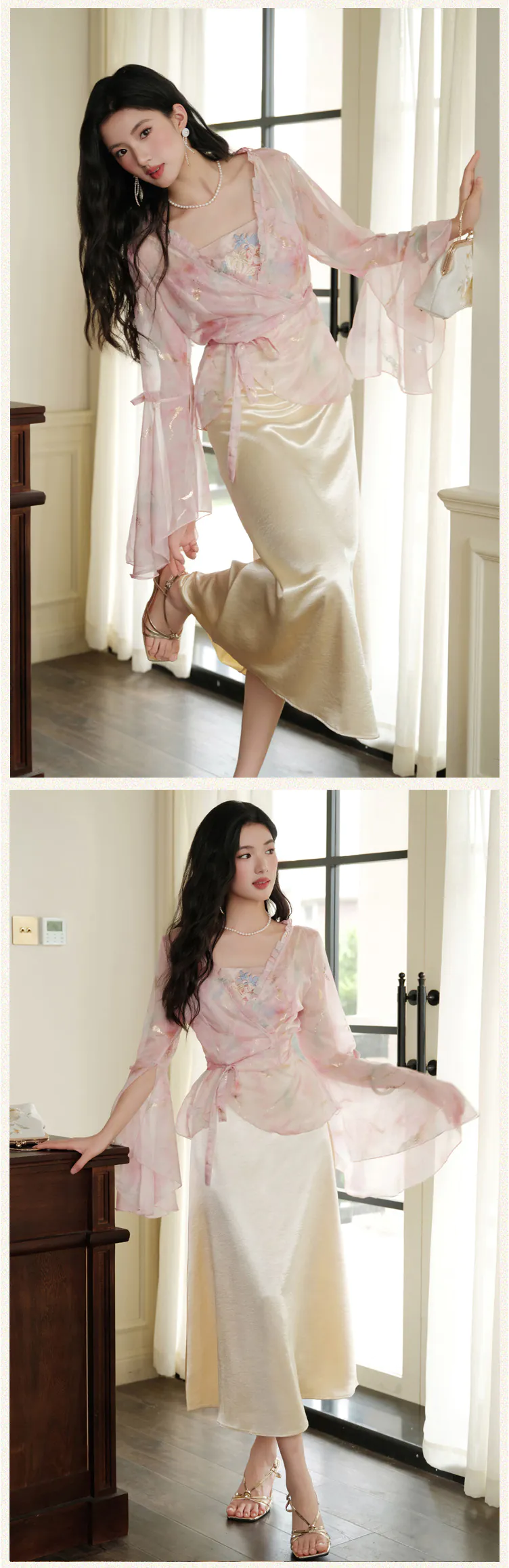 Feminine-Floral-Embroidered-Chiffon-Slip-Dress-with-Bell-Sleeve-Cardigan-Set14