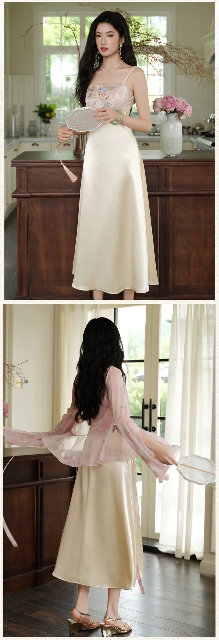 Feminine-Floral-Embroidered-Chiffon-Slip-Dress-with-Bell-Sleeve-Cardigan-Set15