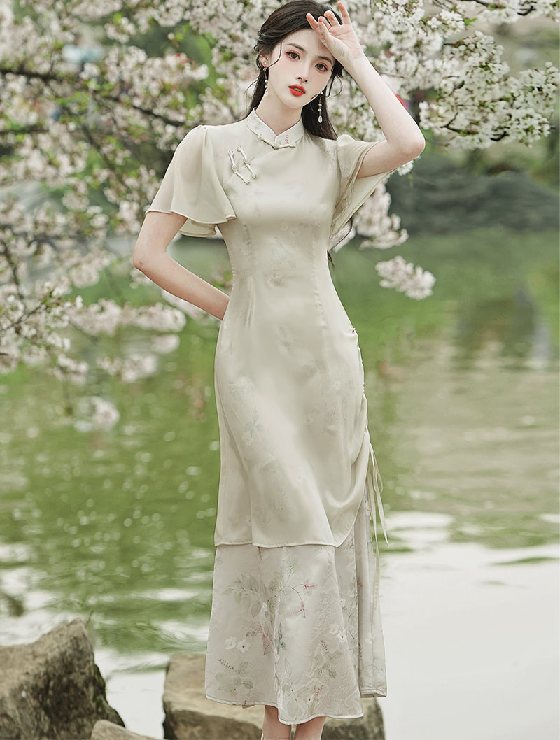 Ladies A Line Green Chinese Modern Cheongsam Costume Qipao Dress01