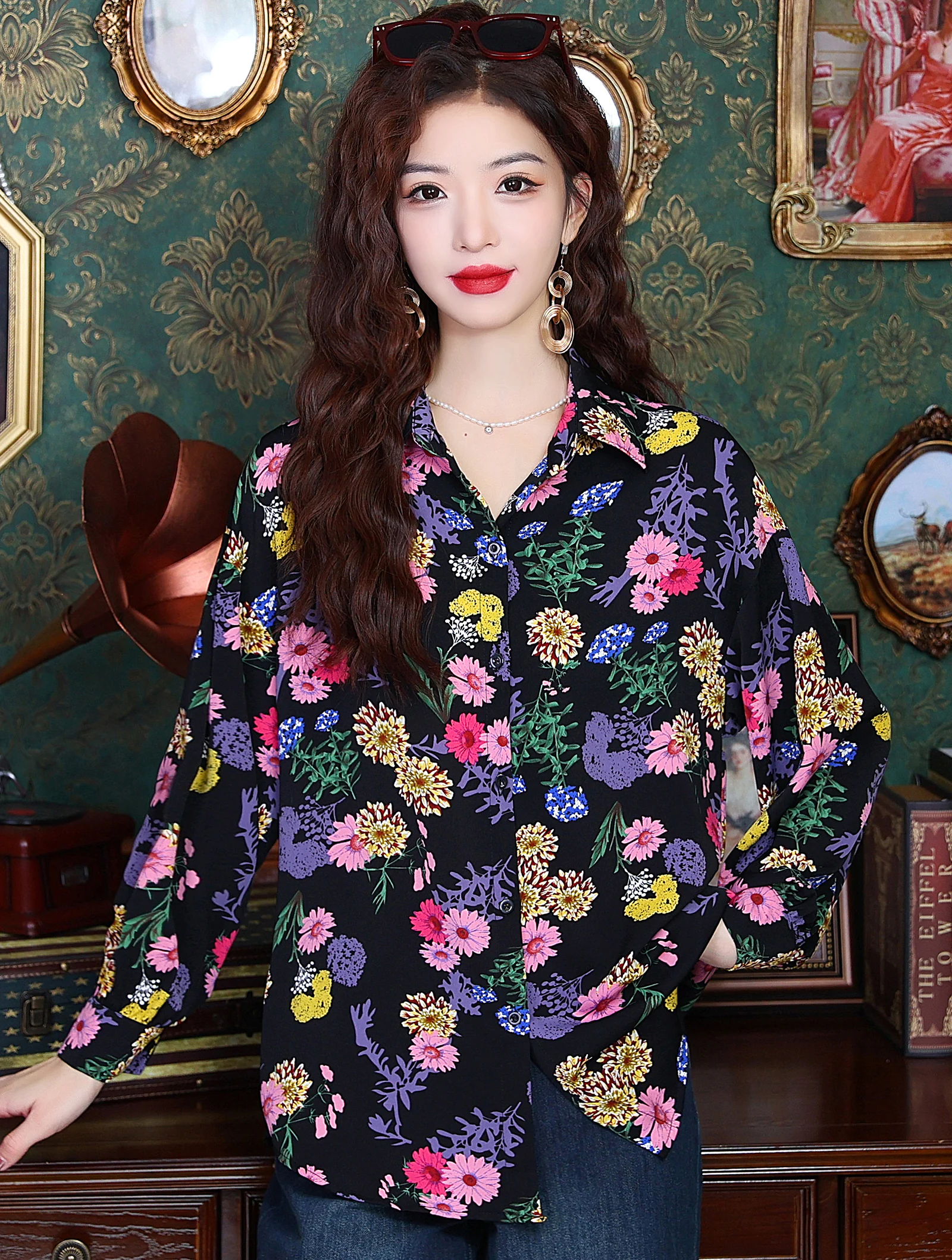Ladies Vintage Black Floral Printed V neck Long Sleeve Casual Chiffon Shirt01