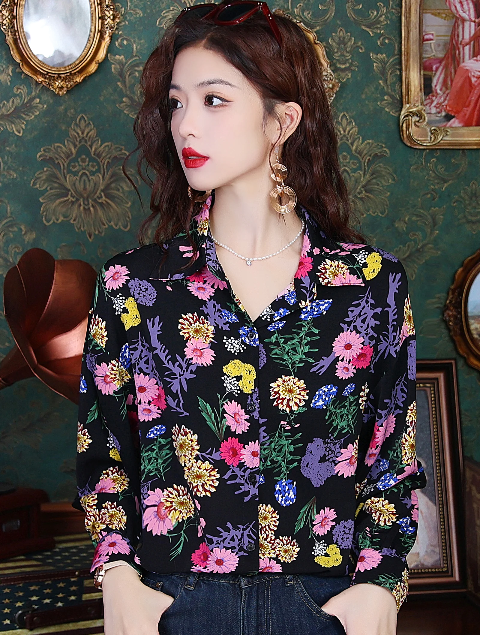 Ladies Vintage Black Floral Printed V neck Long Sleeve Casual Chiffon Shirt02