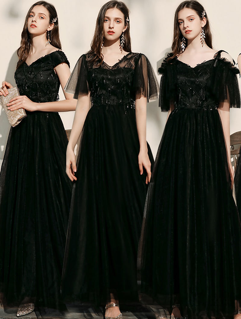 Modest Black Chiffon Wedding Party Bridesmaid Long Formal Dress01