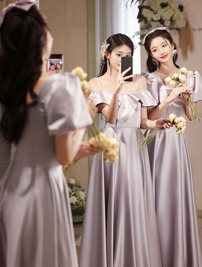 Modest Soft Grayish Purple Satin Summer Bridesmaids Long Dress02