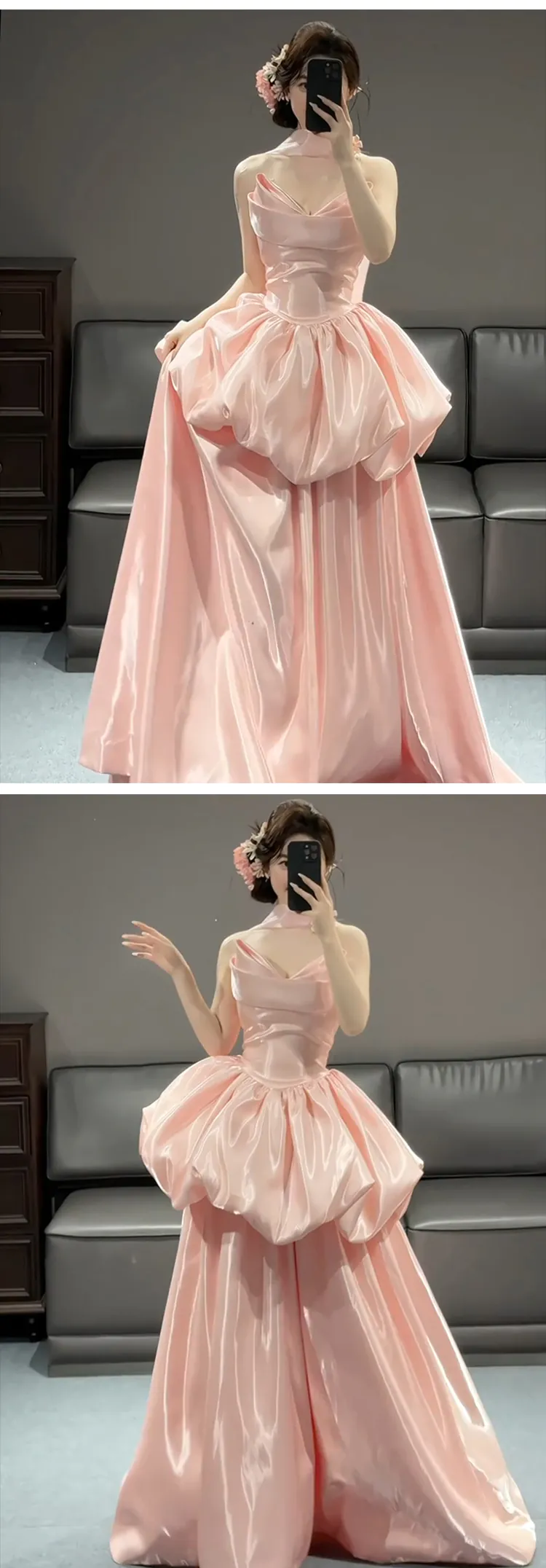Pink-French-Princess-Style-Satin-Pleated-Skirt-Strapless-Ball-Gown-Party-Dress11