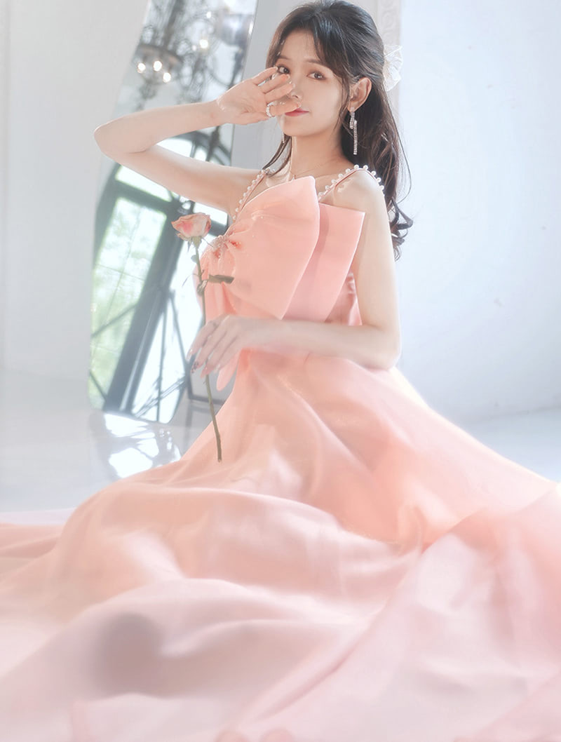 Pretty Pink Prom Party Long Slip Dress Cute Bow Tie Ball Gown02