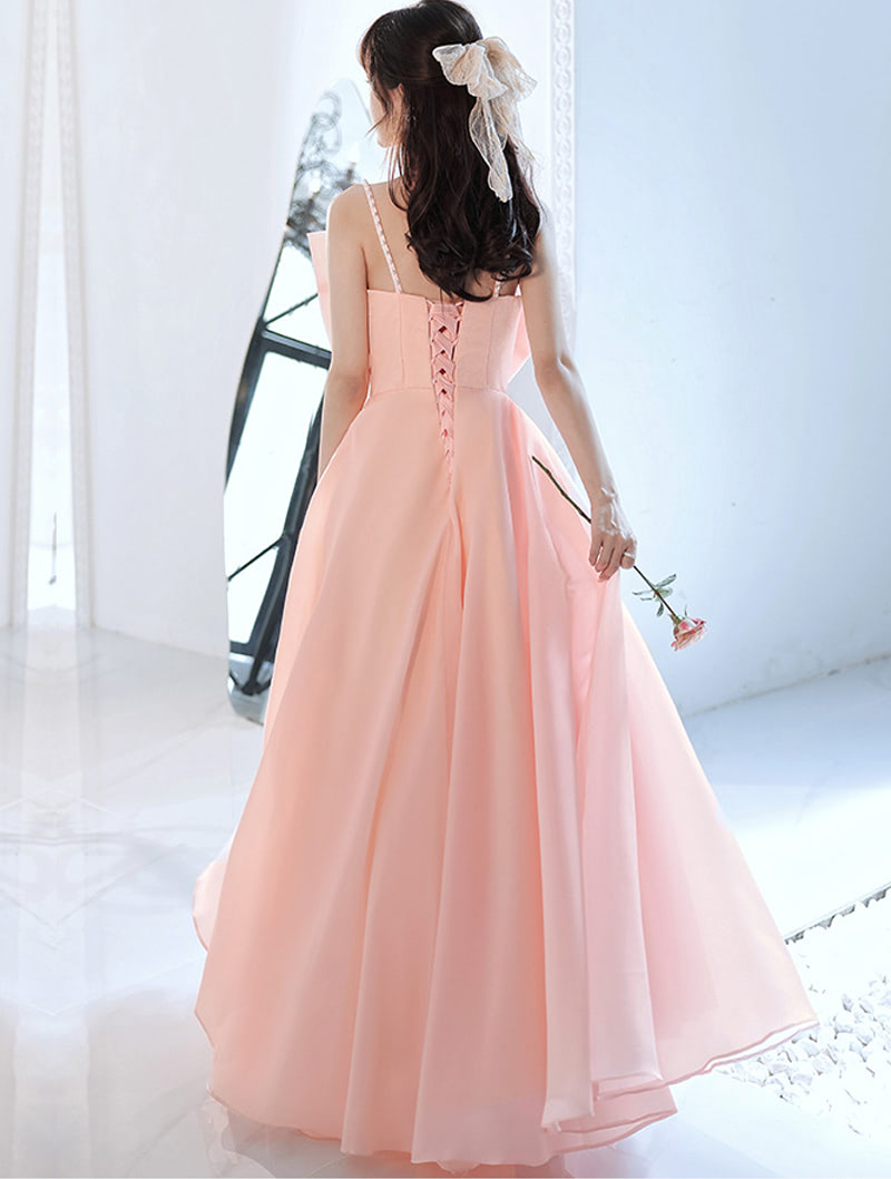 Pretty Pink Prom Party Long Slip Dress Cute Bow-Tie Ball Gown