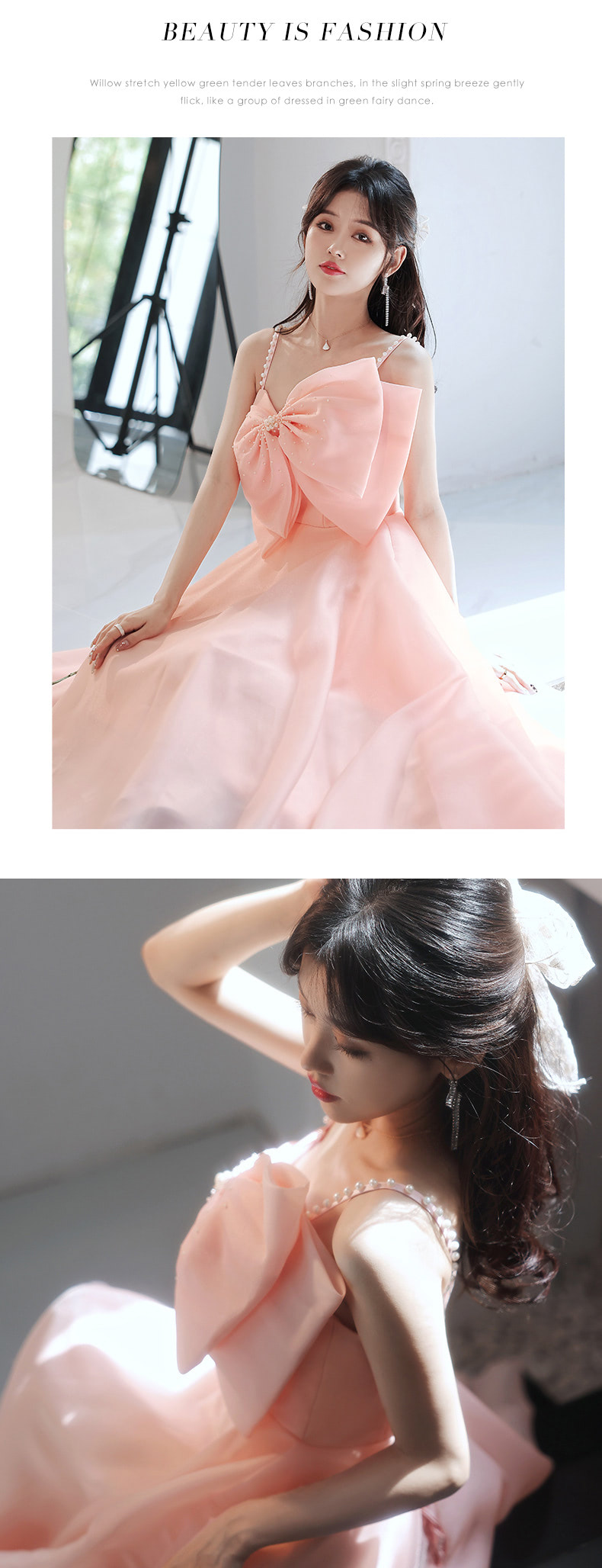 Pretty Pink Prom Party Long Slip Dress Cute Bow-Tie Ball Gown