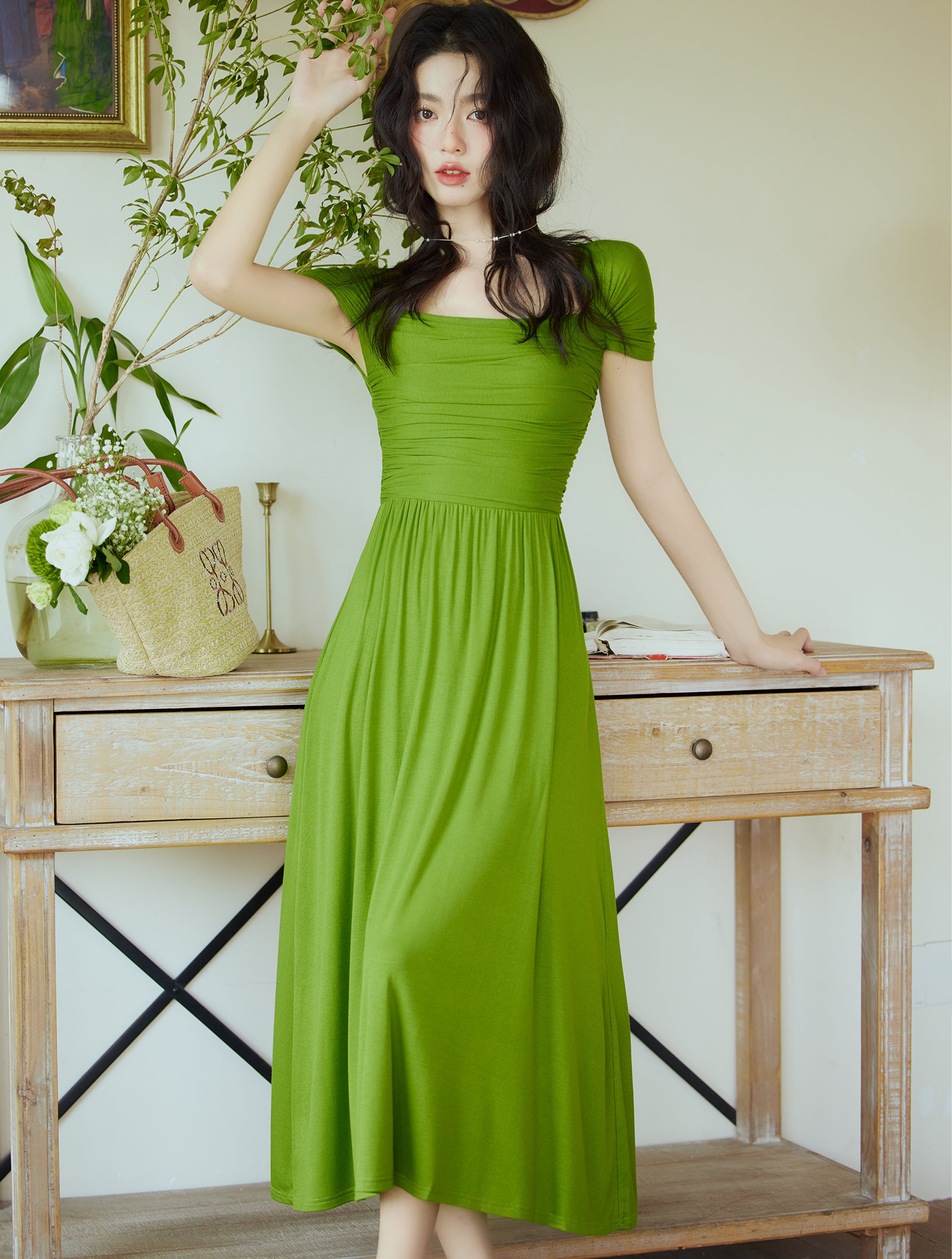 Retro Wasabi Green Short Sleeve Slim Fit Summer Casual Dress01