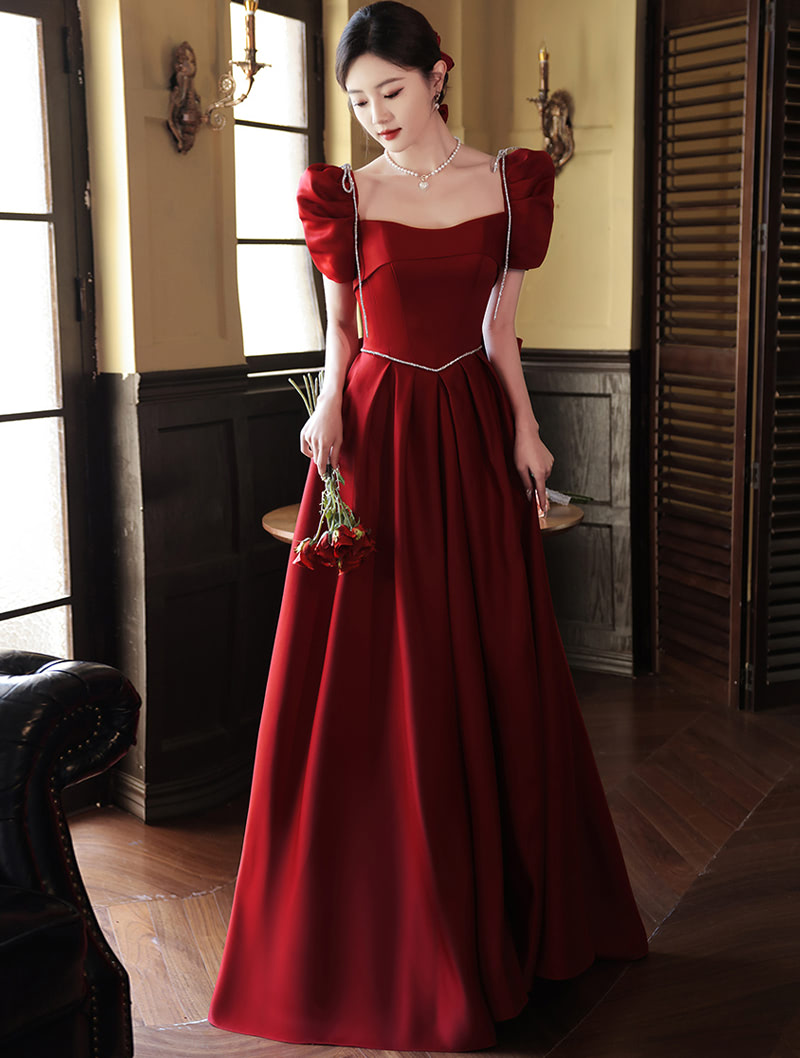 Simple Wine Red Puff Sleeves Formal Dinner Toast Prom Evening Dress01
