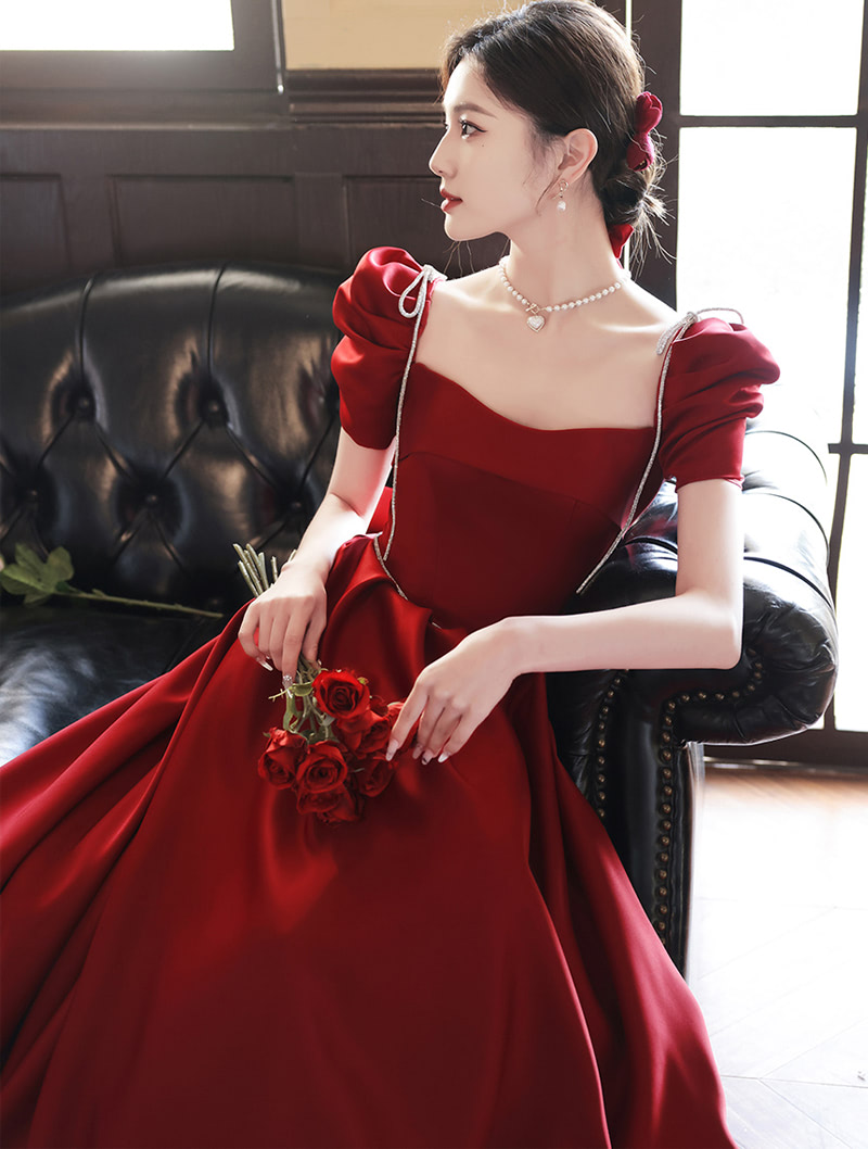 Simple Wine Red Puff Sleeves Formal Dinner Toast Prom Evening Dress02