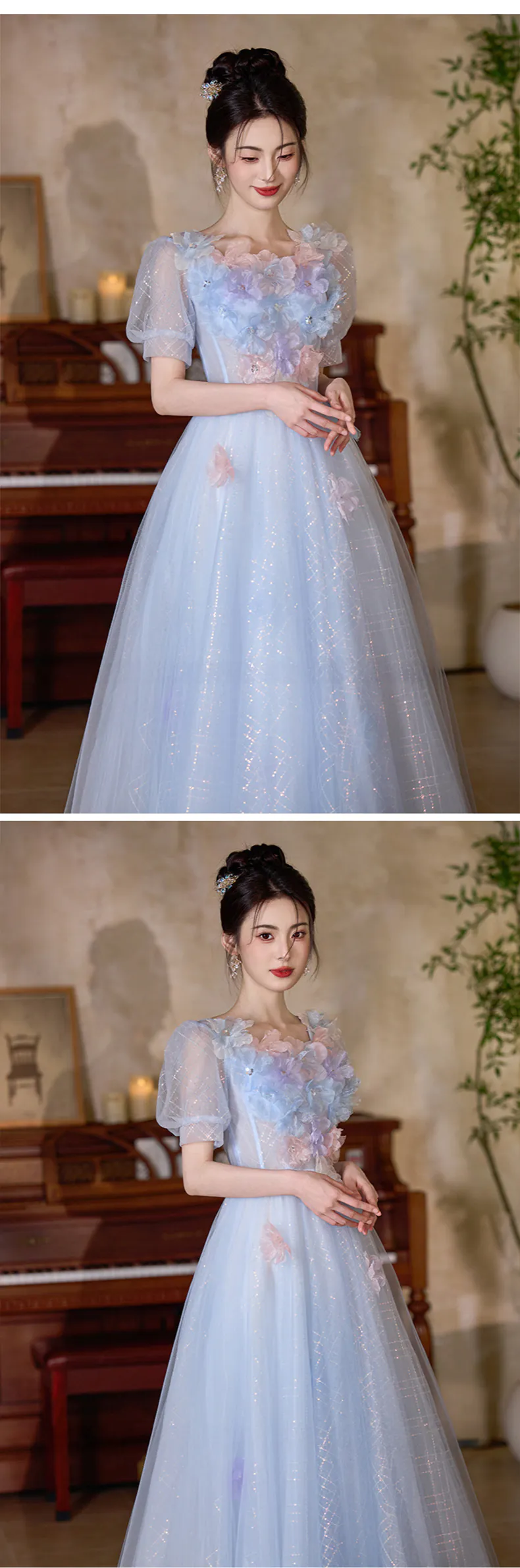 Soft Blue Princess Tulle 3D Floral Short Puff Sleeve Ball Gown Party Dress  - FloraShe