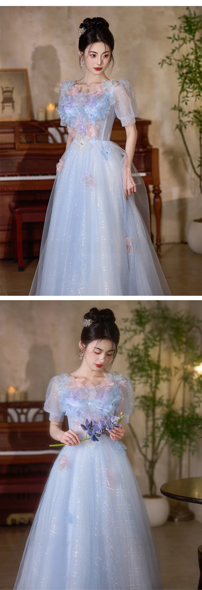 athleta dress blue Light Blue Layers Tulle with Lace Princess Gown, Short Sleeves Ball Go –  Cutedressy main image 0