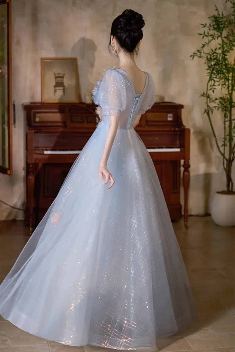 Soft Blue Princess Tulle 3D Floral Short Puff Sleeve Ball Gown Party Dress - FloraShe Soft Blue Princess Tulle 3D Floral Short Puff Sleeve Ball Gown Party Dress - FloraShe