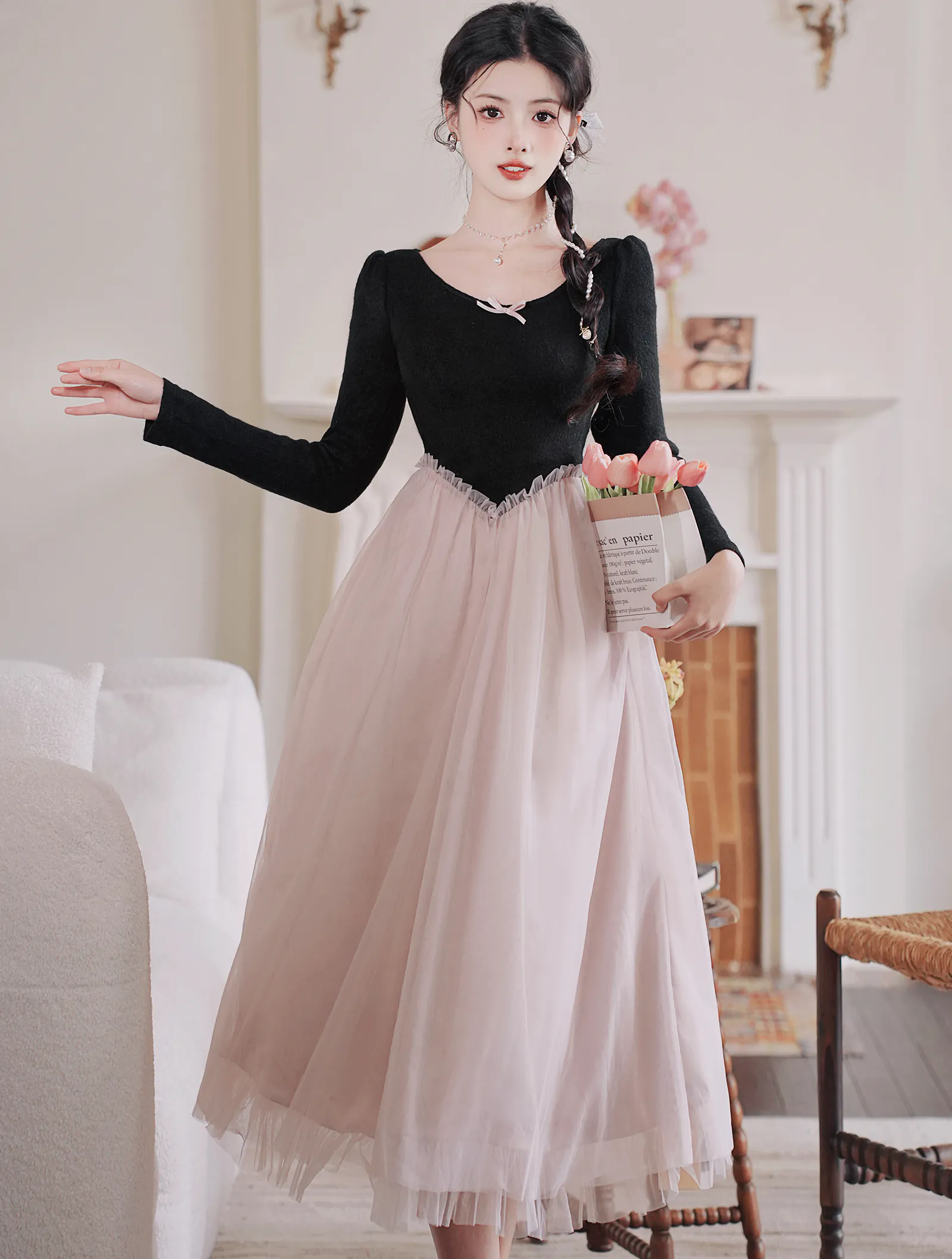 Sweet Princess Patchwork Velvet Chiffon Long Sleeve Casual Dress01