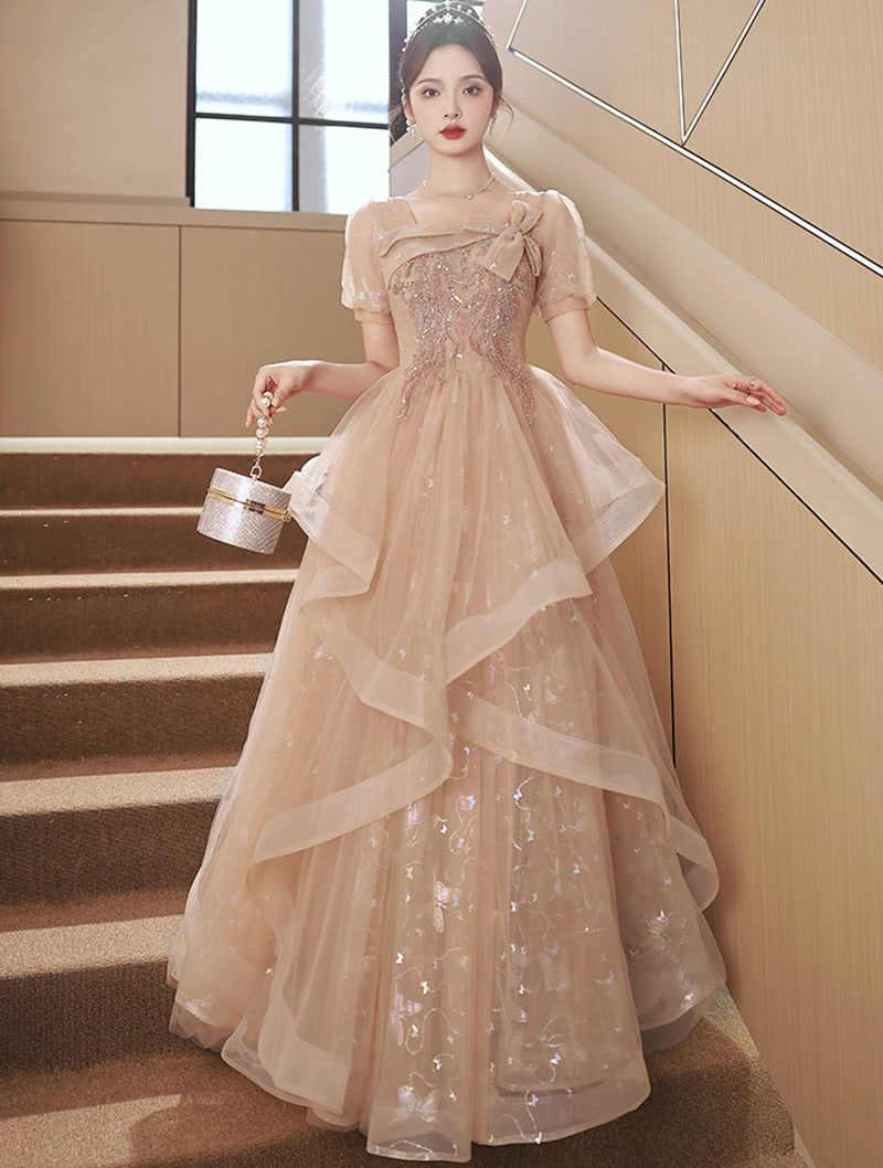 Unique A Line Princess Short Sleeve Ball Gown Long Prom Dress01