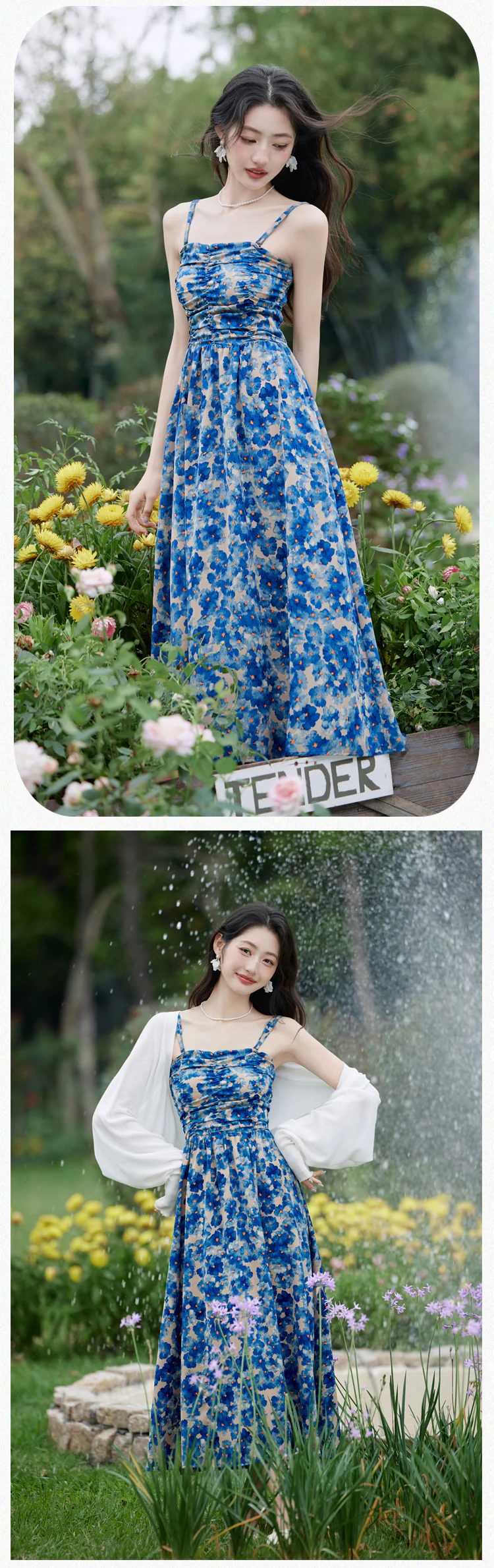 Vintage-Blue-Floral-Slip-Dress-with-Cardigan-Set-Casual-Vacation-Outfit12