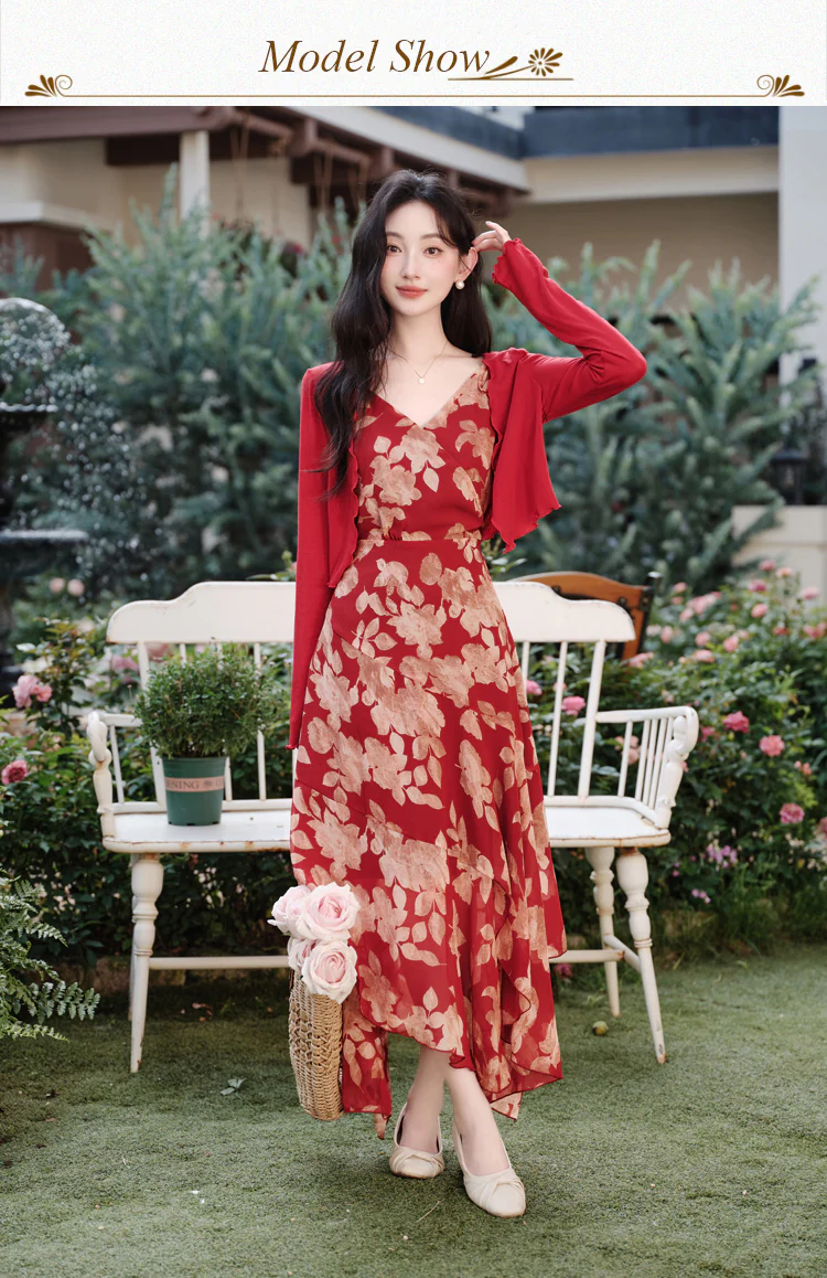 Vintage-Red-Floral-Print-Asymmetrical-Hem-Dress-with-Cardigan-Two-Piece-Set08