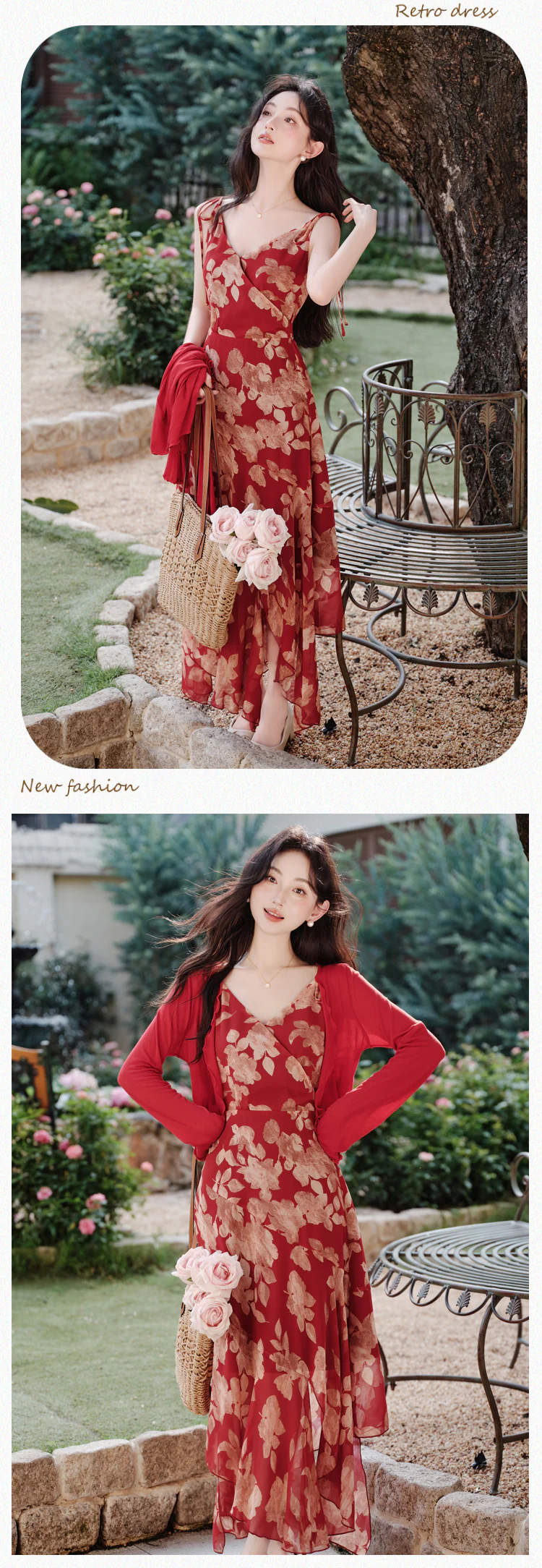 Vintage-Red-Floral-Print-Asymmetrical-Hem-Dress-with-Cardigan-Two-Piece-Set10