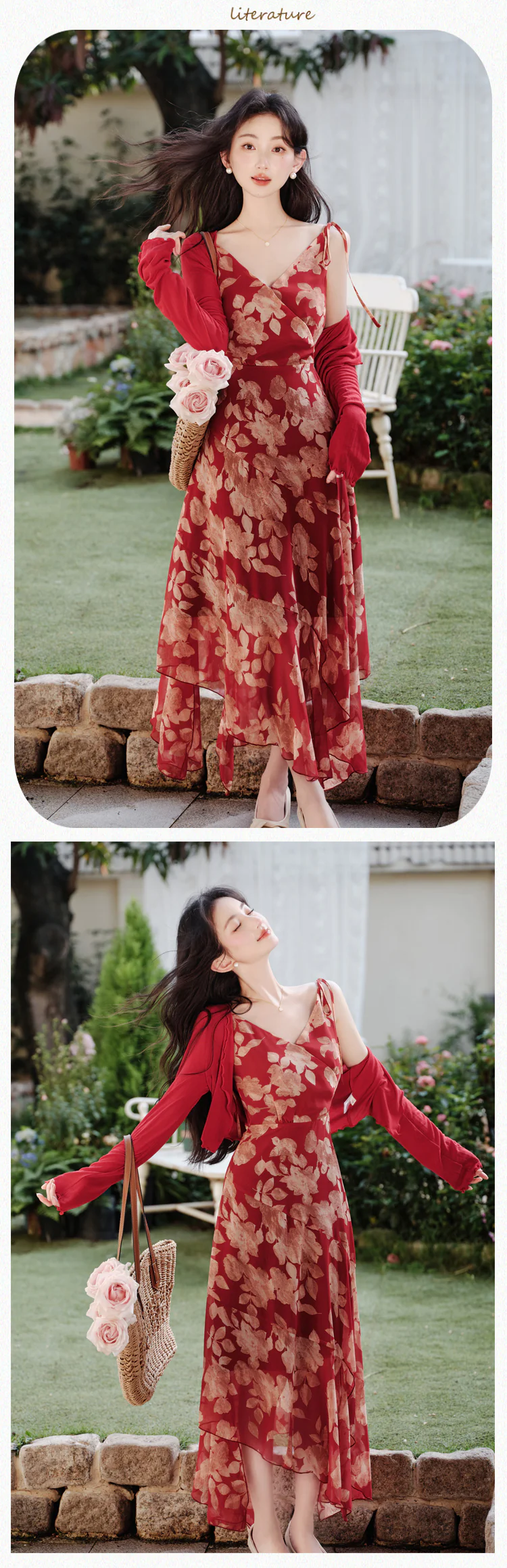 Vintage-Red-Floral-Print-Asymmetrical-Hem-Dress-with-Cardigan-Two-Piece-Set11
