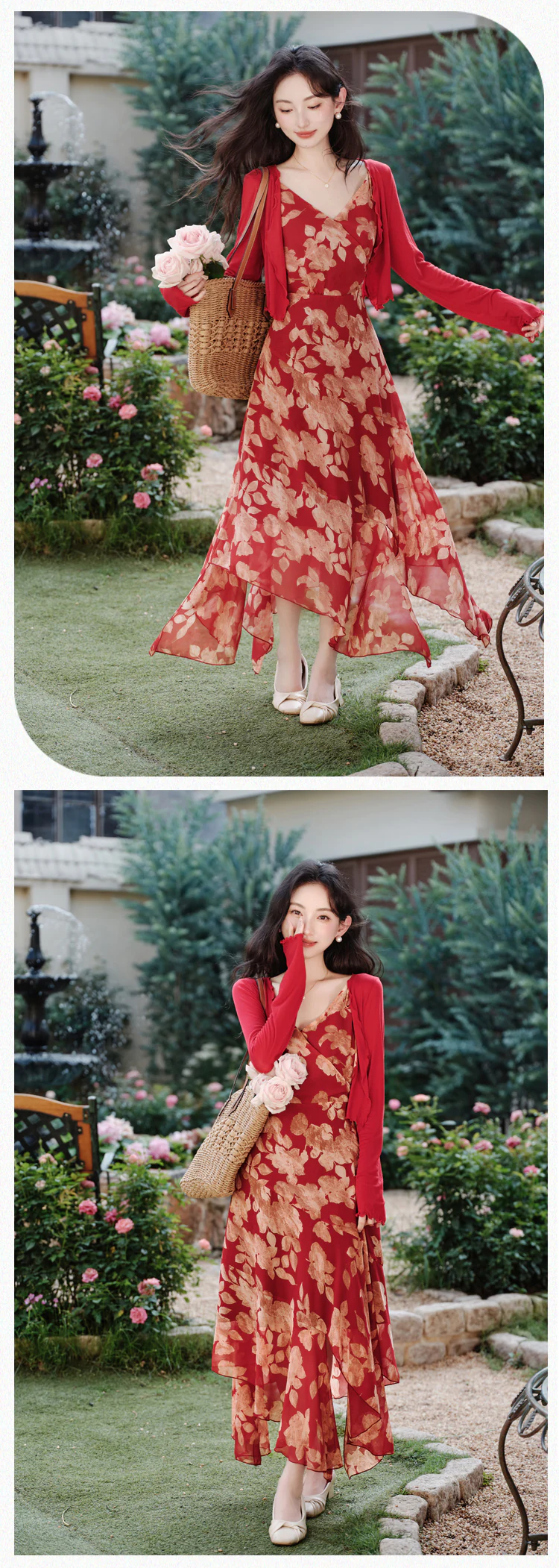 Vintage-Red-Floral-Print-Asymmetrical-Hem-Dress-with-Cardigan-Two-Piece-Set12