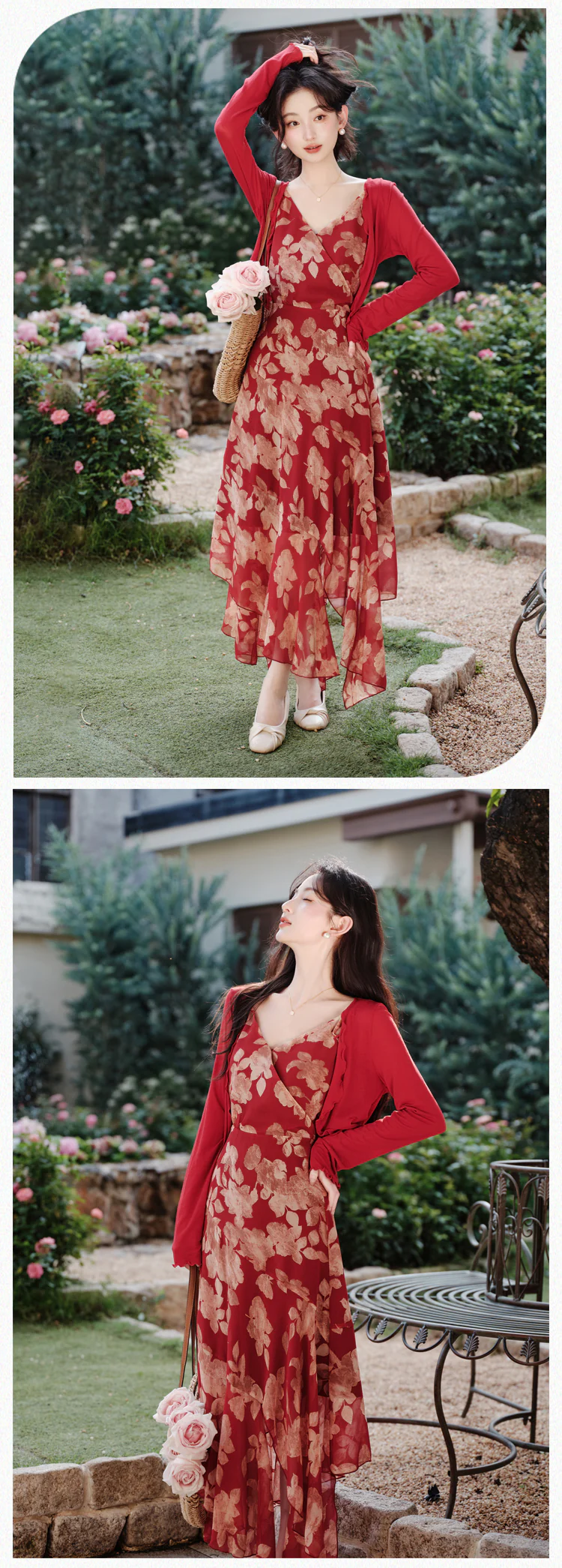 Vintage-Red-Floral-Print-Asymmetrical-Hem-Dress-with-Cardigan-Two-Piece-Set13