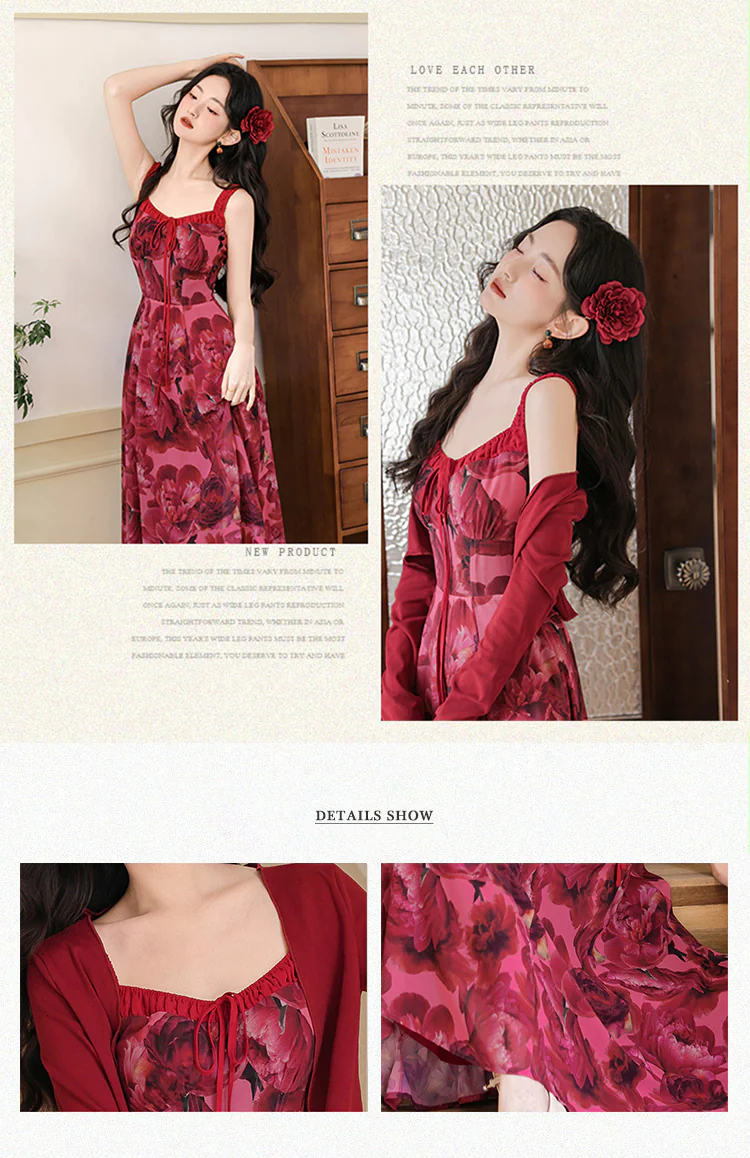 Vintage-Red-Rose-Floral-Printed-Casual-Slip-Dress-with-Cardigan-Combo08