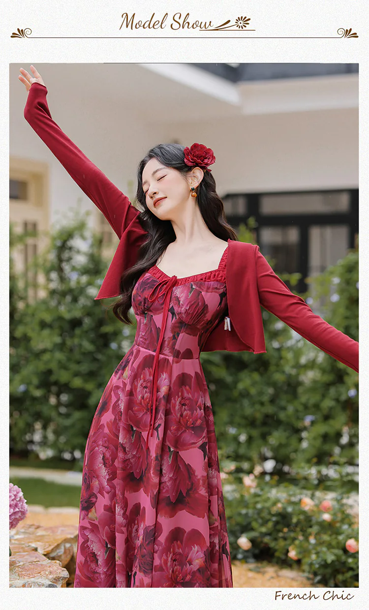 Vintage-Red-Rose-Floral-Printed-Casual-Slip-Dress-with-Cardigan-Combo09