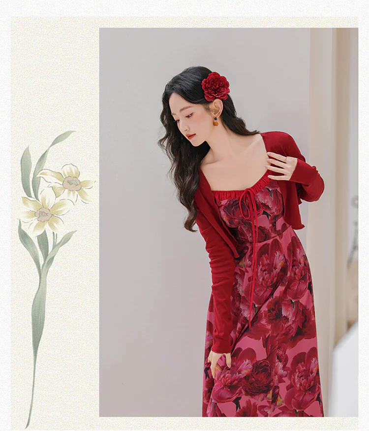 Vintage-Red-Rose-Floral-Printed-Casual-Slip-Dress-with-Cardigan-Combo11
