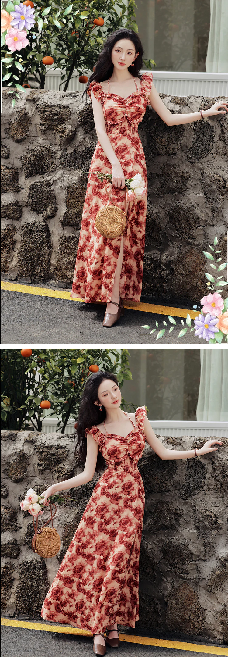 Vintage-Wine-Red-Rose-Floral-Print-Ruffle-Sleeves-Summer-Vacation-Dress14