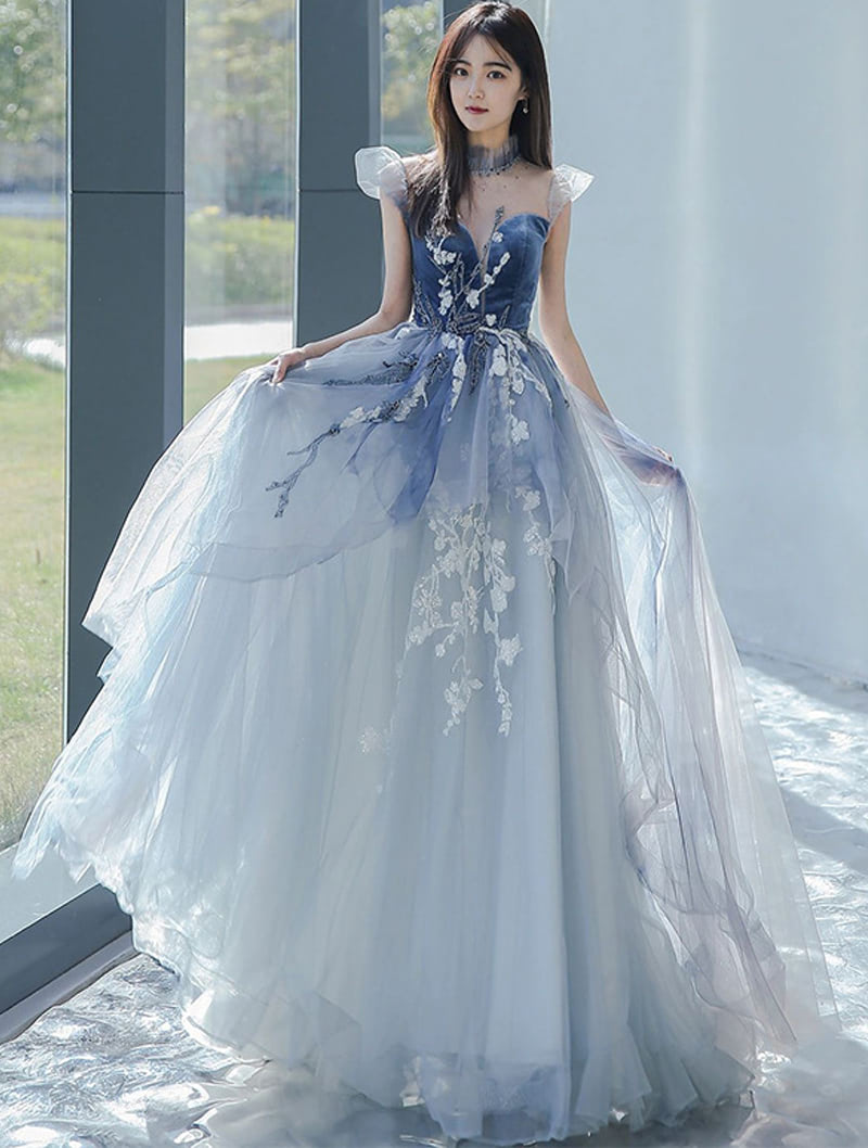 Women's Flying Sleeve Blue Floral Velvet Long Prom Dress Ball Gown02