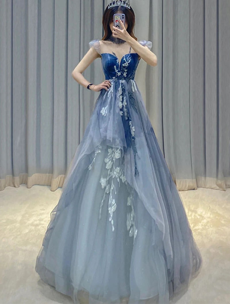 Women’s Flying Sleeve Blue Floral Velvet Long Prom Dress Ball Gown ...