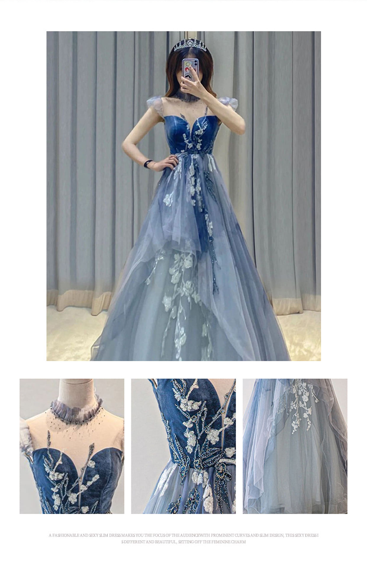 Womens-Flying-Sleeve-Blue-Floral-Velvet-Long-Prom-Dress-Ball-Gown09