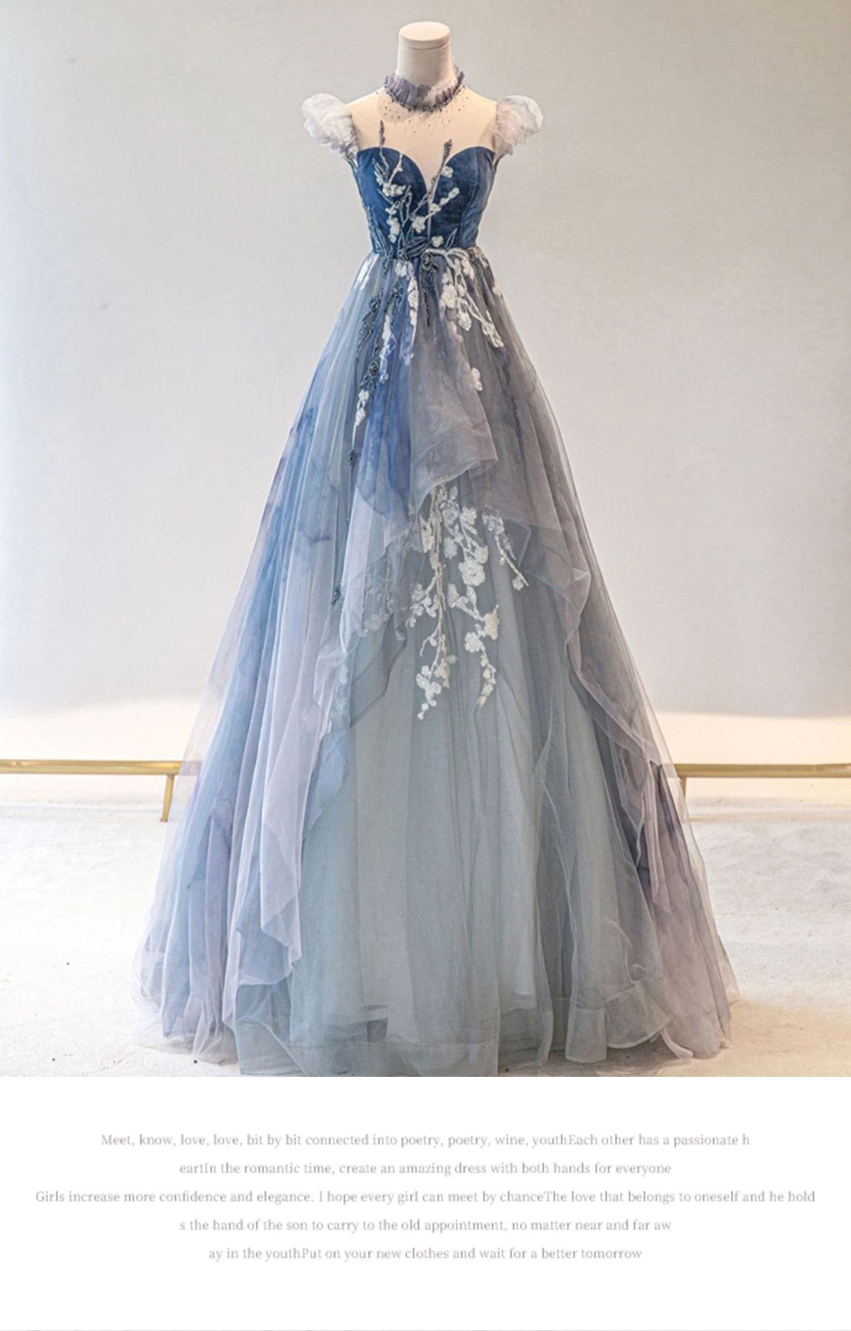 Womens-Flying-Sleeve-Blue-Floral-Velvet-Long-Prom-Dress-Ball-Gown10