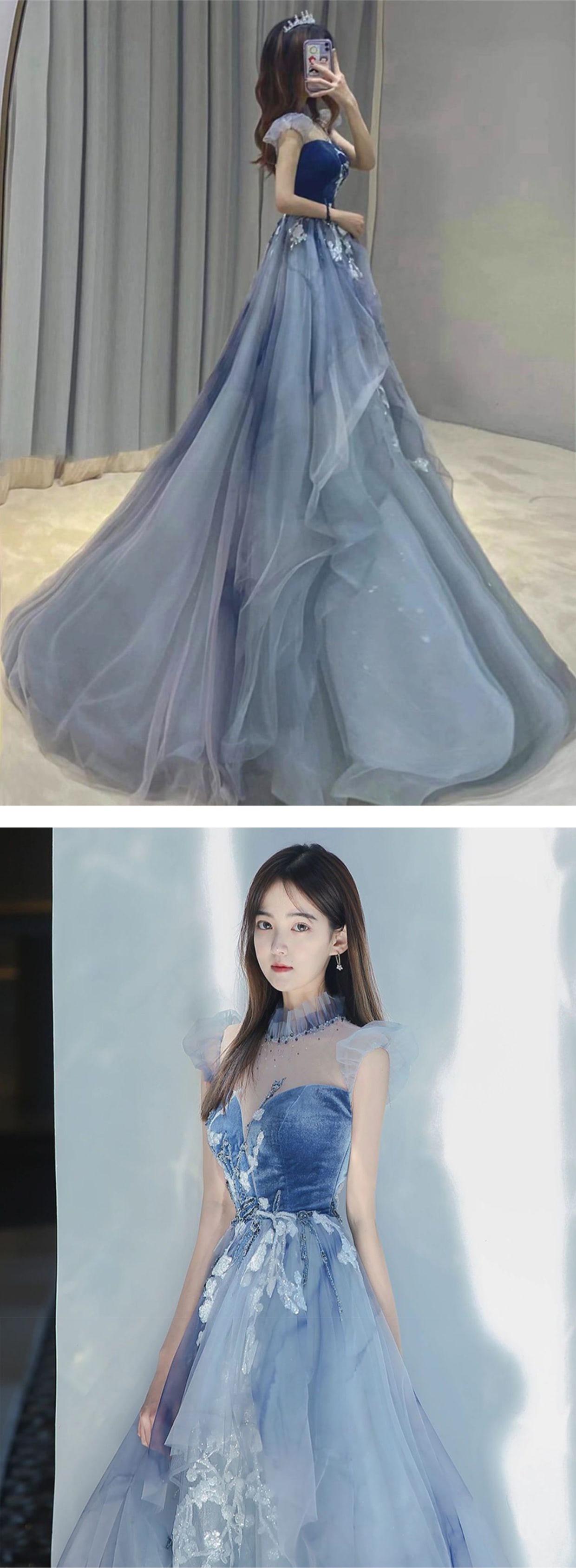 Womens-Flying-Sleeve-Blue-Floral-Velvet-Long-Prom-Dress-Ball-Gown11